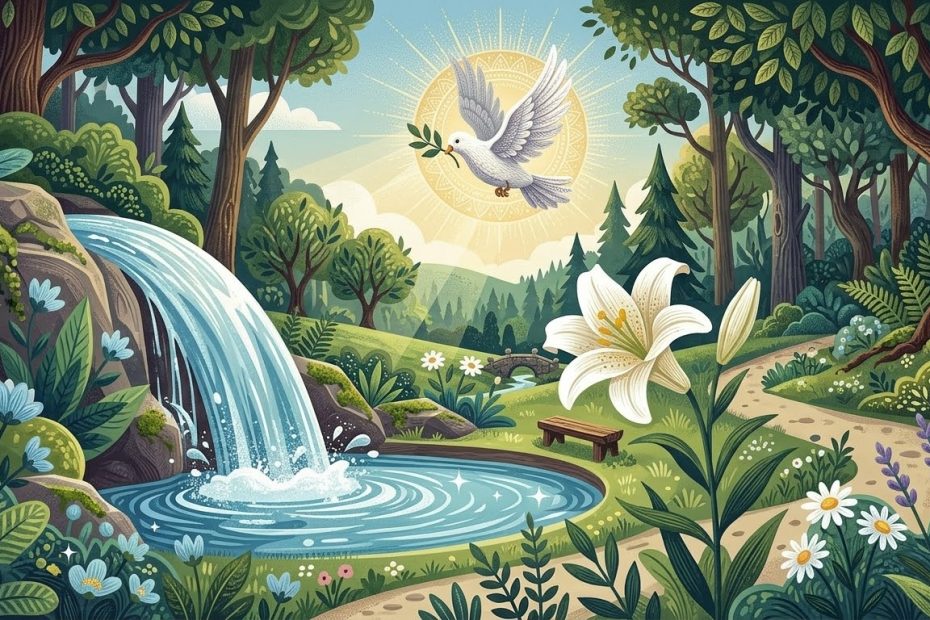 Purezza Originale e Preparazione - una sorgente d'acqua limpida che sgorga vicino a un giglio bianco immacolato